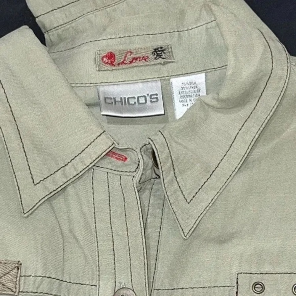 CHICOS Size Large Olive Green Short Bomber Jacket Linen Silk Blend - Picture 4 of 5
